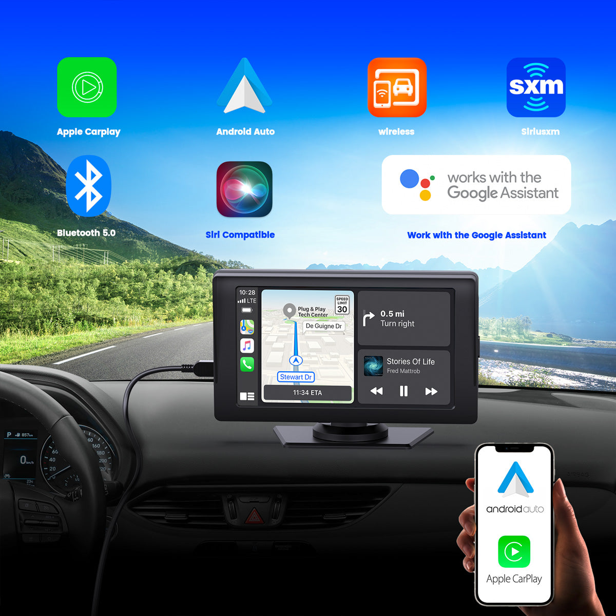 Wireless Apple Carplay & Android Auto for Car Stereo, Portable 7 Inch Apple  Car Play Touch Screen Sync GPS Navigation Audio Car Radio Receiver for
