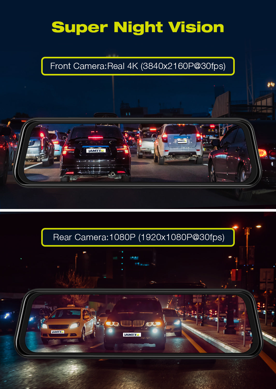 10'''' UHD 4K Touchscreen Mirror Dash Cam Backup Camera Front and 1080P Rear  View with GPS WiFi