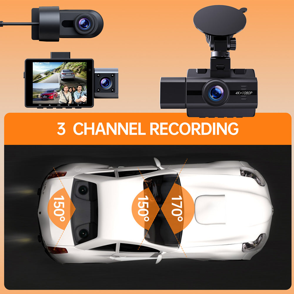 4K Dash Cam Front and Rear Inside 3 Channel Dashcam,CAMPARK 4K+1080P Front  and Inside Dual Dash Cam,1440P+1080P+1080P Triple Car Camera,IR Night  Vision,Capacitor,Parking Mode,G-Sensor,Support 256GB 